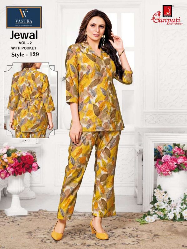 ganpati cotton suits - vastra jewal vol-2   ganpati vastra jewal vol 2 exclusive designer summer wear readymade cord set buy online surat 2 2025 05 23 14 43 33.jpg ganpati vastra jewal vol-2 exclusive designer summer wear readymade cord set buy online surat Catalogue Name : 23rd May 2025 Name of Product : ganpati cotton suits - vastra jewal vol-2  No of Design : 12 Piece (MOQ : 1 Set) Product Rate Per Piece : ₹ 515 / Per Piece Product Full Catalogue Rate : ₹ 6180 (GST Extra) Full Catalogue Weight : 8 KG Product Type & Size: M | L | XL | XXL Product Details: 
					 
VASTRA JEWAL VOL 2* 

PREMIUM QUALITY 
CO-ORD SET 

FABRICS - VATICAN 

SIZE - M-L-XL-XXL 

DESIGN - 12 

RATE - 515/- 

READY TO SHIP