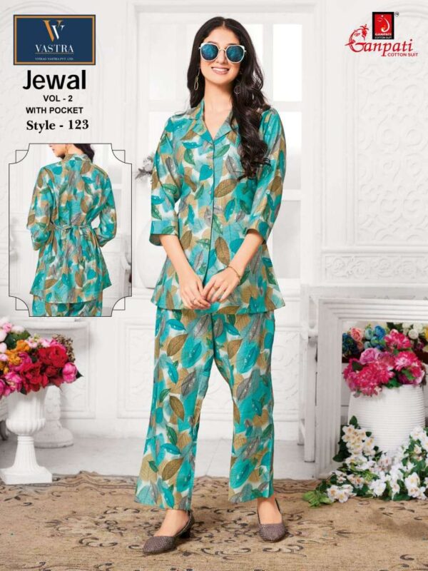ganpati cotton suits - vastra jewal vol-2   ganpati vastra jewal vol 2 exclusive designer summer wear readymade cord set buy online surat 4 2025 05 23 14 43 33.jpg ganpati vastra jewal vol-2 exclusive designer summer wear readymade cord set buy online surat Catalogue Name : 23rd May 2025 Name of Product : ganpati cotton suits - vastra jewal vol-2  No of Design : 12 Piece (MOQ : 1 Set) Product Rate Per Piece : ₹ 515 / Per Piece Product Full Catalogue Rate : ₹ 6180 (GST Extra) Full Catalogue Weight : 8 KG Product Type & Size: M | L | XL | XXL Product Details: 
					 
VASTRA JEWAL VOL 2* 

PREMIUM QUALITY 
CO-ORD SET 

FABRICS - VATICAN 

SIZE - M-L-XL-XXL 

DESIGN - 12 

RATE - 515/- 

READY TO SHIP