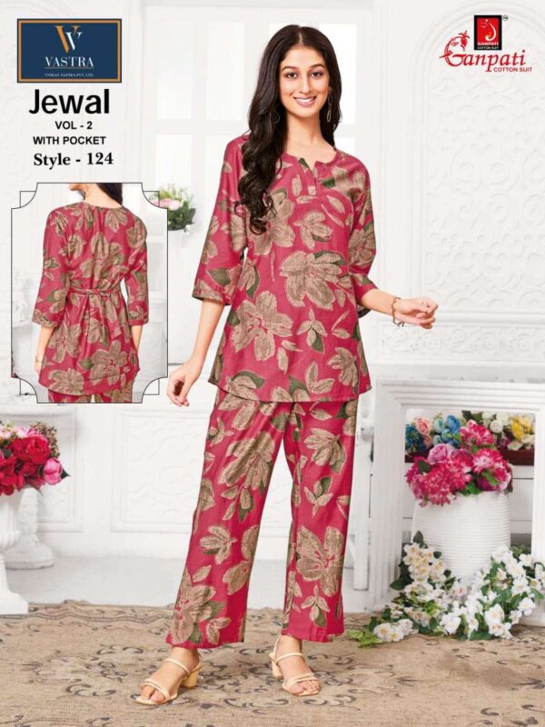 ganpati cotton suits - vastra jewal vol-2   ganpati vastra jewal vol 2 exclusive designer summer wear readymade cord set buy online surat 7 2025 05 23 14 43 33.jpg ganpati vastra jewal vol-2 exclusive designer summer wear readymade cord set buy online surat Catalogue Name : 23rd May 2025 Name of Product : ganpati cotton suits - vastra jewal vol-2  No of Design : 12 Piece (MOQ : 1 Set) Product Rate Per Piece : ₹ 515 / Per Piece Product Full Catalogue Rate : ₹ 6180 (GST Extra) Full Catalogue Weight : 8 KG Product Type & Size: M | L | XL | XXL Product Details: 
					 
VASTRA JEWAL VOL 2* 

PREMIUM QUALITY 
CO-ORD SET 

FABRICS - VATICAN 

SIZE - M-L-XL-XXL 

DESIGN - 12 

RATE - 515/- 

READY TO SHIP