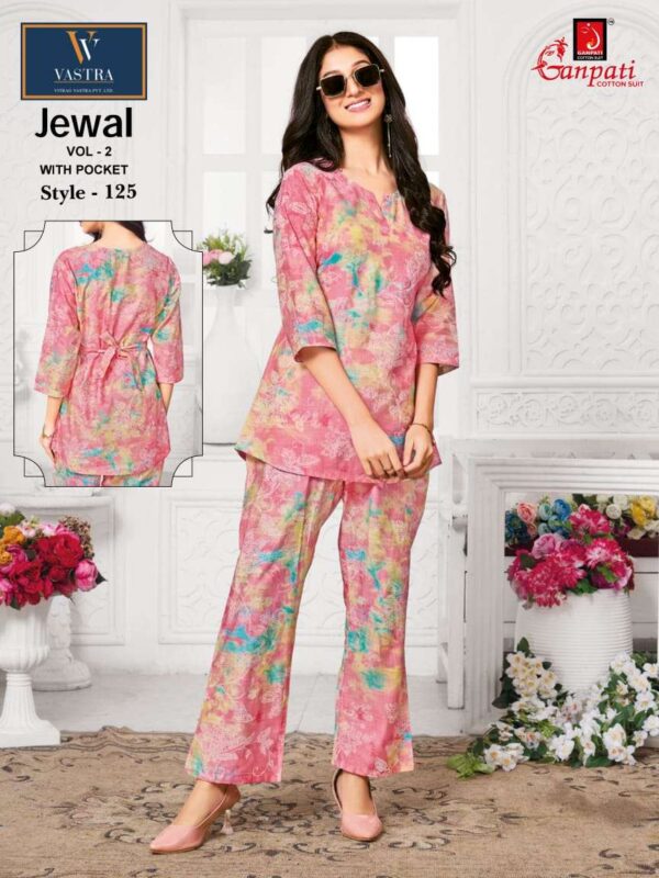 ganpati cotton suits - vastra jewal vol-2   ganpati vastra jewal vol 2 exclusive designer summer wear readymade cord set buy online surat 8 2025 05 23 14 43 33.jpg ganpati vastra jewal vol-2 exclusive designer summer wear readymade cord set buy online surat Catalogue Name : 23rd May 2025 Name of Product : ganpati cotton suits - vastra jewal vol-2  No of Design : 12 Piece (MOQ : 1 Set) Product Rate Per Piece : ₹ 515 / Per Piece Product Full Catalogue Rate : ₹ 6180 (GST Extra) Full Catalogue Weight : 8 KG Product Type & Size: M | L | XL | XXL Product Details: 
					 
VASTRA JEWAL VOL 2* 

PREMIUM QUALITY 
CO-ORD SET 

FABRICS - VATICAN 

SIZE - M-L-XL-XXL 

DESIGN - 12 

RATE - 515/- 

READY TO SHIP