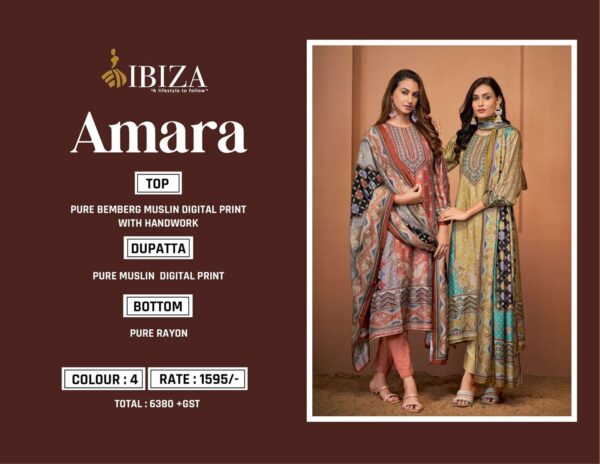 ibiza - amara   ibiza amara pure bamberg muslin salwar kameez catalogue wholesale market surat gujarat 1 2024 08 27 17 37 16.jpg ibiza amara 10955-10958 series pure bamberg muslin salwar kameez catalogue wholesale market surat gujarat  Catalogue Name : 27th May 2025 Name of Product : ibiza - amara   No of Design : 4 Piece (MOQ : 1 Set) Product Rate Per Piece : ₹ 1595 / Per Piece Product Full Catalogue Rate : ₹ 6380 (GST Extra) Full Catalogue Weight : 4 KG Product Type & Size: unstitched Product Details: 
					 
IBIZA


               NEW SERIES     
      

           * AMARA*

      *Fabric Details*

*Top:-PURE BEMBERG MUSLIN DIGITAL PRINT WITH HANDWORK*

 
*DUPATTA:-PURE MUSLIN  DIGITAL PRINT*

*BOTTOM:-PURE RAYON*

*COLOUR:- 4 PCS*

*PRICE:-1595*

Regards
*IBIZA LIFESTYLE *