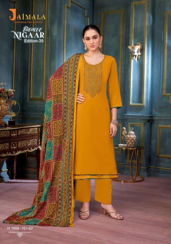 jaimala - nigaar vol-35   jaimala nigaar vol 35 colors embroidery with diamond work casual wear suits manufacturer surat 10 2025 05 27 16 34 37.jpg jaimala nigaar vol-35 colors embroidery with diamond work casual wear suits manufacturer surat Catalogue Name : 27th May 2025 Name of Product : jaimala - nigaar vol-35  No of Design : 8 Piece (MOQ : 1 Set) Product Rate Per Piece : ₹ 575 / Per Piece Product Full Catalogue Rate : ₹ 4600 (GST Extra) Full Catalogue Weight : 8 KG Product Type & Size: unstitched Product Details: 
					 JAIMALA by Alok Suit - Make in India

          NIGAAR-35

Fabric Details

TOP Pure Reyon Slub With Embroidery And Swarovski Diamond Work

 BOTTOM: Pure Reyon Solid

DUPPATTA  Pure Designer Bandhej Crush Dupatta

Rate 575/- + 5 % GST 8  pcs


Happy Shopping
Vocal For Local