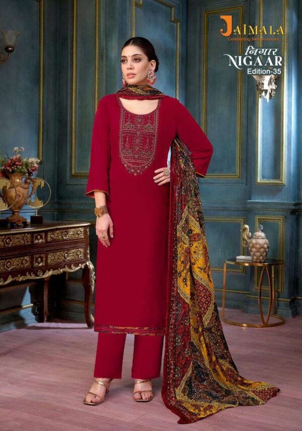 jaimala - nigaar vol-35   jaimala nigaar vol 35 colors embroidery with diamond work casual wear suits manufacturer surat 11 2025 05 27 16 34 37.jpg jaimala nigaar vol-35 colors embroidery with diamond work casual wear suits manufacturer surat Catalogue Name : 27th May 2025 Name of Product : jaimala - nigaar vol-35  No of Design : 8 Piece (MOQ : 1 Set) Product Rate Per Piece : ₹ 575 / Per Piece Product Full Catalogue Rate : ₹ 4600 (GST Extra) Full Catalogue Weight : 8 KG Product Type & Size: unstitched Product Details: 
					 JAIMALA by Alok Suit - Make in India

          NIGAAR-35

Fabric Details

TOP Pure Reyon Slub With Embroidery And Swarovski Diamond Work

 BOTTOM: Pure Reyon Solid

DUPPATTA  Pure Designer Bandhej Crush Dupatta

Rate 575/- + 5 % GST 8  pcs


Happy Shopping
Vocal For Local
