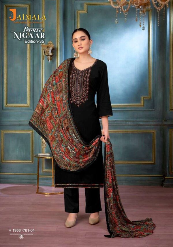 jaimala - nigaar vol-35   jaimala nigaar vol 35 colors embroidery with diamond work casual wear suits manufacturer surat 3 2025 05 27 16 34 37.jpg jaimala nigaar vol-35 colors embroidery with diamond work casual wear suits manufacturer surat Catalogue Name : 27th May 2025 Name of Product : jaimala - nigaar vol-35  No of Design : 8 Piece (MOQ : 1 Set) Product Rate Per Piece : ₹ 575 / Per Piece Product Full Catalogue Rate : ₹ 4600 (GST Extra) Full Catalogue Weight : 8 KG Product Type & Size: unstitched Product Details: 
					 JAIMALA by Alok Suit - Make in India

          NIGAAR-35

Fabric Details

TOP Pure Reyon Slub With Embroidery And Swarovski Diamond Work

 BOTTOM: Pure Reyon Solid

DUPPATTA  Pure Designer Bandhej Crush Dupatta

Rate 575/- + 5 % GST 8  pcs


Happy Shopping
Vocal For Local