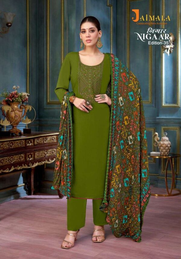 jaimala - nigaar vol-35   jaimala nigaar vol 35 colors embroidery with diamond work casual wear suits manufacturer surat 5 2025 05 27 16 34 37.jpg jaimala nigaar vol-35 colors embroidery with diamond work casual wear suits manufacturer surat Catalogue Name : 27th May 2025 Name of Product : jaimala - nigaar vol-35  No of Design : 8 Piece (MOQ : 1 Set) Product Rate Per Piece : ₹ 575 / Per Piece Product Full Catalogue Rate : ₹ 4600 (GST Extra) Full Catalogue Weight : 8 KG Product Type & Size: unstitched Product Details: 
					 JAIMALA by Alok Suit - Make in India

          NIGAAR-35

Fabric Details

TOP Pure Reyon Slub With Embroidery And Swarovski Diamond Work

 BOTTOM: Pure Reyon Solid

DUPPATTA  Pure Designer Bandhej Crush Dupatta

Rate 575/- + 5 % GST 8  pcs


Happy Shopping
Vocal For Local