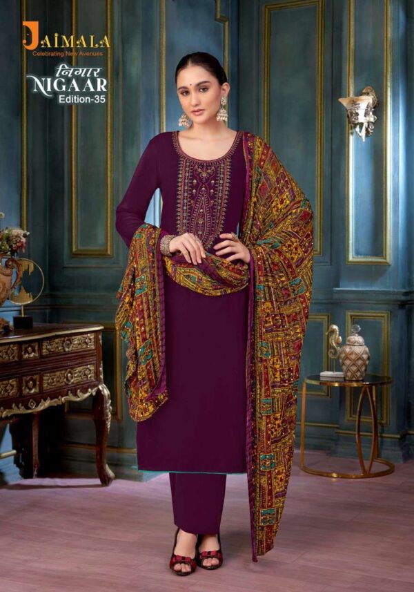 jaimala - nigaar vol-35   jaimala nigaar vol 35 colors embroidery with diamond work casual wear suits manufacturer surat 6 2025 05 27 16 34 37.jpg jaimala nigaar vol-35 colors embroidery with diamond work casual wear suits manufacturer surat Catalogue Name : 27th May 2025 Name of Product : jaimala - nigaar vol-35  No of Design : 8 Piece (MOQ : 1 Set) Product Rate Per Piece : ₹ 575 / Per Piece Product Full Catalogue Rate : ₹ 4600 (GST Extra) Full Catalogue Weight : 8 KG Product Type & Size: unstitched Product Details: 
					 JAIMALA by Alok Suit - Make in India

          NIGAAR-35

Fabric Details

TOP Pure Reyon Slub With Embroidery And Swarovski Diamond Work

 BOTTOM: Pure Reyon Solid

DUPPATTA  Pure Designer Bandhej Crush Dupatta

Rate 575/- + 5 % GST 8  pcs


Happy Shopping
Vocal For Local