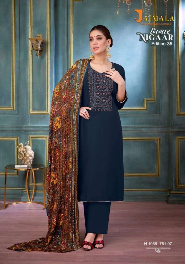 jaimala - nigaar vol-35   jaimala nigaar vol 35 colors embroidery with diamond work casual wear suits manufacturer surat 7 2025 05 27 16 34 37.jpg jaimala nigaar vol-35 colors embroidery with diamond work casual wear suits manufacturer surat Catalogue Name : 27th May 2025 Name of Product : jaimala - nigaar vol-35  No of Design : 8 Piece (MOQ : 1 Set) Product Rate Per Piece : ₹ 575 / Per Piece Product Full Catalogue Rate : ₹ 4600 (GST Extra) Full Catalogue Weight : 8 KG Product Type & Size: unstitched Product Details: 
					 JAIMALA by Alok Suit - Make in India

          NIGAAR-35

Fabric Details

TOP Pure Reyon Slub With Embroidery And Swarovski Diamond Work

 BOTTOM: Pure Reyon Solid

DUPPATTA  Pure Designer Bandhej Crush Dupatta

Rate 575/- + 5 % GST 8  pcs


Happy Shopping
Vocal For Local
