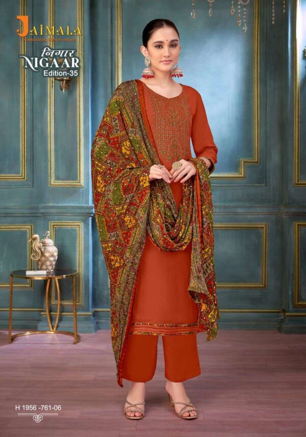 jaimala - nigaar vol-35   jaimala nigaar vol 35 colors embroidery with diamond work casual wear suits manufacturer surat 8 2025 05 27 16 34 37.jpg jaimala nigaar vol-35 colors embroidery with diamond work casual wear suits manufacturer surat Catalogue Name : 27th May 2025 Name of Product : jaimala - nigaar vol-35  No of Design : 8 Piece (MOQ : 1 Set) Product Rate Per Piece : ₹ 575 / Per Piece Product Full Catalogue Rate : ₹ 4600 (GST Extra) Full Catalogue Weight : 8 KG Product Type & Size: unstitched Product Details: 
					 JAIMALA by Alok Suit - Make in India

          NIGAAR-35

Fabric Details

TOP Pure Reyon Slub With Embroidery And Swarovski Diamond Work

 BOTTOM: Pure Reyon Solid

DUPPATTA  Pure Designer Bandhej Crush Dupatta

Rate 575/- + 5 % GST 8  pcs


Happy Shopping
Vocal For Local