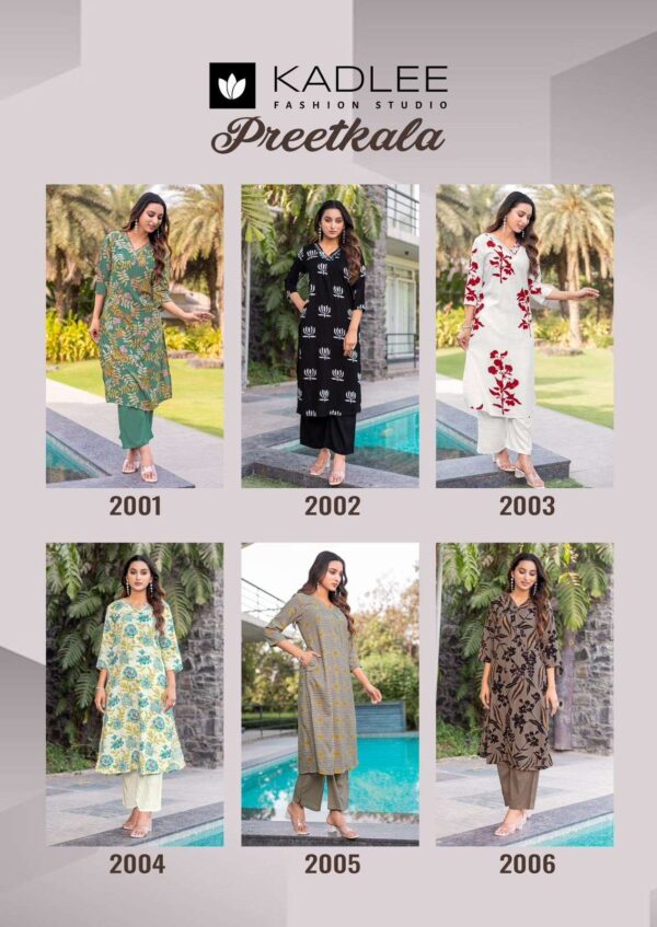 kadlee - preetkala   kadlee preetkala 2001 2006 series rayon print with handwork casual wear readymade collection wholesale surat 0 2025 05 26 14 09 18.jpg kadlee preetkala 2001-2006 series rayon print with handwork casual wear readymade collection wholesale surat Catalogue Name : 26th May 2025 Name of Product : kadlee - preetkala  No of Design : 6 Piece (MOQ : 1 Set) Product Rate Per Piece : ₹ 695 / Per Piece Product Full Catalogue Rate : ₹ 4170 (GST Extra) Full Catalogue Weight : 6 KG Product Type & Size: S | M | L | XL | XXL | XXXL Product Details: 
					 Label : KADLEE
Catalog : Preetkala

Design : 6
Top  : Rayon Print
Work : Hand work
Bottom : Rayon
Size :  S(36), M(38), L(40), XL(42), XXL(44), 3XL(46)

Rate : Rs 695/ Pic + GST

Dispatch with in 3-4 days