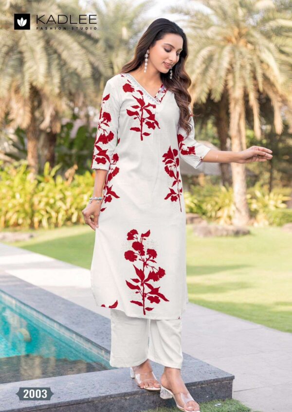 kadlee - preetkala   kadlee preetkala 2001 2006 series rayon print with handwork casual wear readymade collection wholesale surat 1 2025 05 26 14 09 18.jpg kadlee preetkala 2001-2006 series rayon print with handwork casual wear readymade collection wholesale surat Catalogue Name : 26th May 2025 Name of Product : kadlee - preetkala  No of Design : 6 Piece (MOQ : 1 Set) Product Rate Per Piece : ₹ 695 / Per Piece Product Full Catalogue Rate : ₹ 4170 (GST Extra) Full Catalogue Weight : 6 KG Product Type & Size: S | M | L | XL | XXL | XXXL Product Details: 
					 Label : KADLEE
Catalog : Preetkala

Design : 6
Top  : Rayon Print
Work : Hand work
Bottom : Rayon
Size :  S(36), M(38), L(40), XL(42), XXL(44), 3XL(46)

Rate : Rs 695/ Pic + GST

Dispatch with in 3-4 days