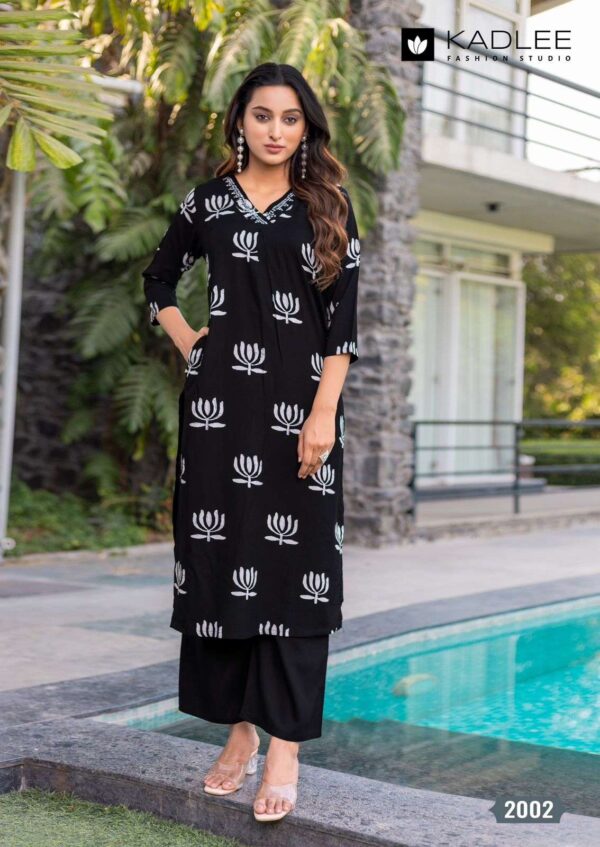 kadlee - preetkala   kadlee preetkala 2001 2006 series rayon print with handwork casual wear readymade collection wholesale surat 3 2025 05 26 14 09 19.jpg kadlee preetkala 2001-2006 series rayon print with handwork casual wear readymade collection wholesale surat Catalogue Name : 26th May 2025 Name of Product : kadlee - preetkala  No of Design : 6 Piece (MOQ : 1 Set) Product Rate Per Piece : ₹ 695 / Per Piece Product Full Catalogue Rate : ₹ 4170 (GST Extra) Full Catalogue Weight : 6 KG Product Type & Size: S | M | L | XL | XXL | XXXL Product Details: 
					 Label : KADLEE
Catalog : Preetkala

Design : 6
Top  : Rayon Print
Work : Hand work
Bottom : Rayon
Size :  S(36), M(38), L(40), XL(42), XXL(44), 3XL(46)

Rate : Rs 695/ Pic + GST

Dispatch with in 3-4 days