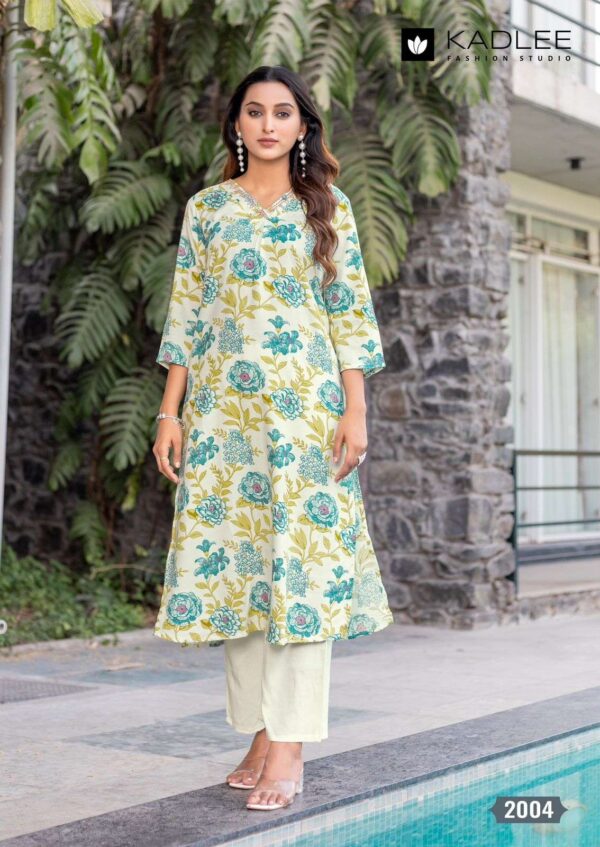 kadlee - preetkala   kadlee preetkala 2001 2006 series rayon print with handwork casual wear readymade collection wholesale surat 4 2025 05 26 14 09 19.jpg kadlee preetkala 2001-2006 series rayon print with handwork casual wear readymade collection wholesale surat Catalogue Name : 26th May 2025 Name of Product : kadlee - preetkala  No of Design : 6 Piece (MOQ : 1 Set) Product Rate Per Piece : ₹ 695 / Per Piece Product Full Catalogue Rate : ₹ 4170 (GST Extra) Full Catalogue Weight : 6 KG Product Type & Size: S | M | L | XL | XXL | XXXL Product Details: 
					 Label : KADLEE
Catalog : Preetkala

Design : 6
Top  : Rayon Print
Work : Hand work
Bottom : Rayon
Size :  S(36), M(38), L(40), XL(42), XXL(44), 3XL(46)

Rate : Rs 695/ Pic + GST

Dispatch with in 3-4 days