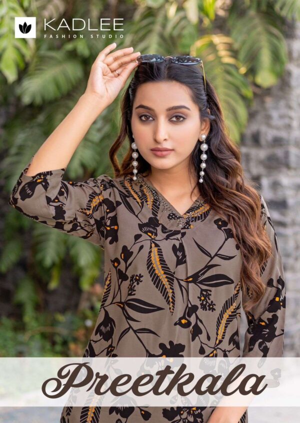 kadlee - preetkala   kadlee preetkala 2001 2006 series rayon print with handwork casual wear readymade collection wholesale surat 9 2025 05 26 14 09 21.jpg kadlee preetkala 2001-2006 series rayon print with handwork casual wear readymade collection wholesale surat Catalogue Name : 26th May 2025 Name of Product : kadlee - preetkala  No of Design : 6 Piece (MOQ : 1 Set) Product Rate Per Piece : ₹ 695 / Per Piece Product Full Catalogue Rate : ₹ 4170 (GST Extra) Full Catalogue Weight : 6 KG Product Type & Size: S | M | L | XL | XXL | XXXL Product Details: 
					 Label : KADLEE
Catalog : Preetkala

Design : 6
Top  : Rayon Print
Work : Hand work
Bottom : Rayon
Size :  S(36), M(38), L(40), XL(42), XXL(44), 3XL(46)

Rate : Rs 695/ Pic + GST

Dispatch with in 3-4 days