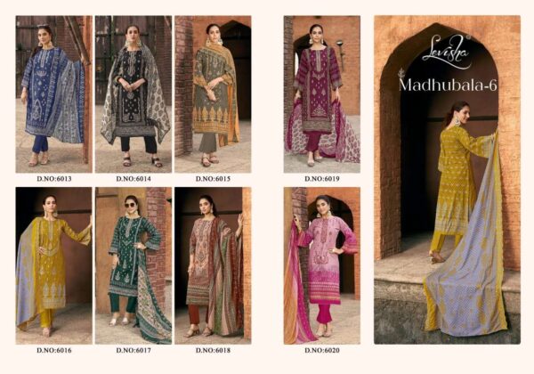 levisha - madhubala vol-6   levisha madhubala vol 6 6013 6020 series pakistani printed with self embroidered suits wholesaler surat 8 2025 05 28 12 07 36.jpg levisha madhubala vol-6 6013-6020 series pakistani printed with self embroidered suits wholesaler surat Catalogue Name : 28th May 2025 Name of Product : levisha - madhubala vol-6  No of Design : 8 Piece (MOQ : 1 Set) Product Rate Per Piece : ₹ 699 / Per Piece Product Full Catalogue Rate : ₹ 5592 (GST Extra) Full Catalogue Weight : 8 KG Product Type & Size: unstitched Product Details: 
					 Levisha® - Make in India

Launches its New Designer Suits 
               Madhubala-6

Fabric Details
Top Cemric Lawn Cotton pakistani Style Printed With Fancy Self Embroidery

Bottom: Cotton Dyed

Dupatta: Mal-Mal Cotton  Print With two Side Border Work Dup

RATE 699 + 
GST 5% 

Design 8

Delivery ready  Confirm now