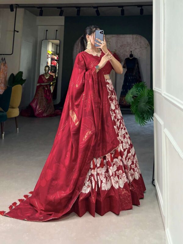 lnb - 1213   lnb 1213 floral printed latest designer wedding wear lehenga supplier surat 1 2025 05 29 13 41 41.jpg lnb 1213 floral printed latest designer wedding wear lehenga supplier surat Catalogue Name : 29th May 2025 Name of Product : lnb - 1213  No of Design : 1 Piece (MOQ : 1 Set) Product Rate Per Piece : ₹ 1400 / Per Piece Product Full Catalogue Rate : ₹ 1400 (GST Extra) Full Catalogue Weight : 1 KG Product Type & Size: semi stitched Product Details: 
					 Lehenga Choli

Transform your ethnic look with our Tussar Silk Printed Lehenga Choli - The beautiful prints on silk fabric make this ensemble a perfect choice for any festive occasion 

LNB1213RED

Lehenga (Stitched)
Lehenga Fabric : Tussar Silk 
Lehenga Work : Floral Print With Foil Print 
Lehenga Waist : SUPPORTED UP TO 42
Lehenga Closer : Drawstring With Heavy Tassels and Zip
Stitching : Stitched With Canvas and attached with Can Can
Length : 42
Flair : 3.80 Meter 
Inner : Micro Cotton

Blouse (Unstitched)
Blouse fabric : Tussar Silk 
Blouse Work : Foil Print
Blouse Length : 0.80 Meter

Dupatta
Dupatta Fabric : Tussar Silk
Dupatta Work : Floral Print With Both Side Tassels
Dupatta Length : 2.5 Meter

Package Contain : Lehenga, Blouse, Dupatta, Drawstring with Zip, Tassels

Weight : 1.250 KG

Rate : 1400