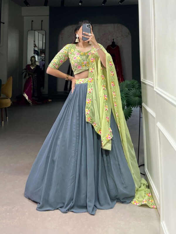 lnb - 1402   lnb 1402 georgette latest stylish designer weeding wear lehenga collection buy wholesale best price surat 2 2025 04 22 12 10 50.jpg lnb 1402 Georgette latest stylish designer weeding wear lehenga collection buy wholesale best price surat Catalogue Name : 17th May 2025 Name of Product : lnb - 1402  No of Design : 1 Piece (MOQ : 1 Set) Product Rate Per Piece : ₹ 1350 / Per Piece Product Full Catalogue Rate : ₹ 1350 (GST Extra) Full Catalogue Weight : 1.35 KG Product Type & Size: semi stitched Product Details: 
					 Wedding Collection 2025

Radiate Soft Glamour in Gray and Pista Bridesmaid Attire 
 
LNB1402GRY

Lehenga (Stitched)
Lehenga Fabric : Georgette
Lehenga work : Plain With Sequins And Thread Embroidery Work Belt 
Lehenga Waist : SUPPORTED UP TO 42
Lehenga Closer : Drawstring with Zip 
Stitching : Stitched With Canvas and Can Can 
Length : 41
Flair : 5 Meter
Inner : Silk

Blouse (Unstitched)
Blouse Fabric : Georgette 
Blouse Work : Sequins and Thread Embroidery Work 
Blouse Length : 1 Meter 

Dupatta
Dupatta Fabric : Georgette 
Dupatta Work : Sequins and Thread Embroidery Work
Dupatta Length : 2.4 Meter

Package Contain  Lehenga, Dupatta, Blouse, Drawstring, Zip

Weight : 1.350 Kg

Price : 1350
 