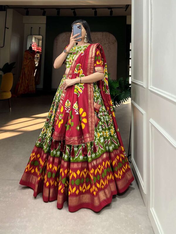 lnb - 1690   lnb 1690 tussar silk patola printed navratri special lehenga supplier surat 2 2025 05 28 11 55 07.jpg lnb 1690 tussar silk patola printed navratri special lehenga supplier surat Catalogue Name : 28th May 2025 Name of Product : lnb - 1690  No of Design : 1 Piece (MOQ : 1 Set) Product Rate Per Piece : ₹ 1400 / Per Piece Product Full Catalogue Rate : ₹ 1400 (GST Extra) Full Catalogue Weight : 1 KG Product Type & Size: semi stitched Product Details: 
					 Lehenga Choli

Embrace the elegance of prints, where tradition meets trend in every twirl of a printed lehenga.

LNB1690MND

Lehenga (Stitched)
Lehenga Fabric : Tussar Silk 
Lehenga Work : Patola Print With Foil Work
Lehenga Waist : SUPPORTED UP TO 42
Lehenga Closer : Drawstring With Heavy Tassels and Zip
Stitching : Stitched With Canvas and attached with Can Can
Length : 42
Flair : 3.80 Meter 
Inner : Micro Cotton

Blouse (Unstitched)
Blouse fabric : Tussar Silk 
Blouse Work : Patola Print and Foil Work
Blouse Length : 0.80 Meter

Dupatta
Dupatta Fabric : Tussar Silk
Dupatta Work : Print With Foil Work
Dupatta Length : 2.5 Meter

Package Contain : Lehenga, Blouse, Dupatta, Drawstring with Zip, Tassels

Weight : 1.250 KG

Rate : 1400