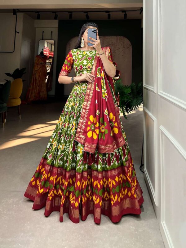 lnb - 1690   lnb 1690 tussar silk patola printed navratri special lehenga supplier surat 4 2025 05 28 11 55 07.jpg lnb 1690 tussar silk patola printed navratri special lehenga supplier surat Catalogue Name : 28th May 2025 Name of Product : lnb - 1690  No of Design : 1 Piece (MOQ : 1 Set) Product Rate Per Piece : ₹ 1400 / Per Piece Product Full Catalogue Rate : ₹ 1400 (GST Extra) Full Catalogue Weight : 1 KG Product Type & Size: semi stitched Product Details: 
					 Lehenga Choli

Embrace the elegance of prints, where tradition meets trend in every twirl of a printed lehenga.

LNB1690MND

Lehenga (Stitched)
Lehenga Fabric : Tussar Silk 
Lehenga Work : Patola Print With Foil Work
Lehenga Waist : SUPPORTED UP TO 42
Lehenga Closer : Drawstring With Heavy Tassels and Zip
Stitching : Stitched With Canvas and attached with Can Can
Length : 42
Flair : 3.80 Meter 
Inner : Micro Cotton

Blouse (Unstitched)
Blouse fabric : Tussar Silk 
Blouse Work : Patola Print and Foil Work
Blouse Length : 0.80 Meter

Dupatta
Dupatta Fabric : Tussar Silk
Dupatta Work : Print With Foil Work
Dupatta Length : 2.5 Meter

Package Contain : Lehenga, Blouse, Dupatta, Drawstring with Zip, Tassels

Weight : 1.250 KG

Rate : 1400