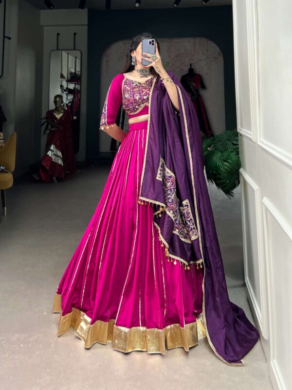 lnb - 1735   lnb 1735 chanderi latest designer navratri wear lehenga supplier surat 3 2025 05 27 16 05 14.jpg lnb 1735 chanderi latest designer navratri wear lehenga supplier surat Catalogue Name : 27th May 2025 Name of Product : lnb - 1735  No of Design : 1 Piece (MOQ : 1 Set) Product Rate Per Piece : ₹ 2250 / Per Piece Product Full Catalogue Rate : ₹ 2250 (GST Extra) Full Catalogue Weight : 1 KG Product Type & Size: semi stitched Product Details: 
					 
Lehenga choli

Navratri nights in Chanderi style 

LNB1735PNK

Lehenga (Stitched)
Lehenga Fabric : Chanderi
Lehenga Work : Plain With Zari Line Gota Patti And Embossed Design Lace Touch Up
Lehenga Waist : Support Up To 42 
Lehenga Closer : Drawstring With Zip
Stitching : Stitched With Canvas And Full Inner
Length : 41
Flair : 6 Meter
Inner : Micro Cotton 

Blouse (Stitched)
Blouse Fabric : Chanderi (Fully Stitched)
Blouse Work : Zari Line Gota Patti With Vintage And Sequins Work With Coin (Ginni) Lace Touch Up
Blouse Size : 38” There is Extra Margin Customer Can Adjust Up to 42
Blouse Length : 15
Sleeve Length : 11

Dupatta
Dupatta Fabric : Chanderi
Dupatta Work : Plain With Vintage And Sequins Work With Coin (Ginni) Lace Touch Up
Dupatta Length : 2.4 Meter

Package Contain : Lehenga, Blouse, Dupatta, Drawstring with Zip, Blouse Tassels

Weight : 1.500 kg

Rate : 2250


Note :- Product Care Instructions : Dry Clean Only