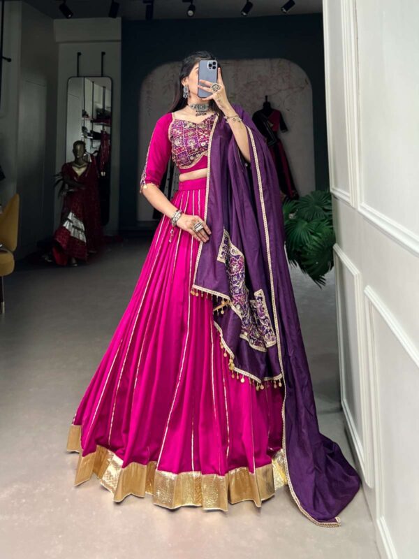 lnb - 1735   lnb 1735 chanderi latest designer navratri wear lehenga supplier surat 4 2025 05 27 16 05 14.jpg lnb 1735 chanderi latest designer navratri wear lehenga supplier surat Catalogue Name : 27th May 2025 Name of Product : lnb - 1735  No of Design : 1 Piece (MOQ : 1 Set) Product Rate Per Piece : ₹ 2250 / Per Piece Product Full Catalogue Rate : ₹ 2250 (GST Extra) Full Catalogue Weight : 1 KG Product Type & Size: semi stitched Product Details: 
					 
Lehenga choli

Navratri nights in Chanderi style 

LNB1735PNK

Lehenga (Stitched)
Lehenga Fabric : Chanderi
Lehenga Work : Plain With Zari Line Gota Patti And Embossed Design Lace Touch Up
Lehenga Waist : Support Up To 42 
Lehenga Closer : Drawstring With Zip
Stitching : Stitched With Canvas And Full Inner
Length : 41
Flair : 6 Meter
Inner : Micro Cotton 

Blouse (Stitched)
Blouse Fabric : Chanderi (Fully Stitched)
Blouse Work : Zari Line Gota Patti With Vintage And Sequins Work With Coin (Ginni) Lace Touch Up
Blouse Size : 38” There is Extra Margin Customer Can Adjust Up to 42
Blouse Length : 15
Sleeve Length : 11

Dupatta
Dupatta Fabric : Chanderi
Dupatta Work : Plain With Vintage And Sequins Work With Coin (Ginni) Lace Touch Up
Dupatta Length : 2.4 Meter

Package Contain : Lehenga, Blouse, Dupatta, Drawstring with Zip, Blouse Tassels

Weight : 1.500 kg

Rate : 2250


Note :- Product Care Instructions : Dry Clean Only
