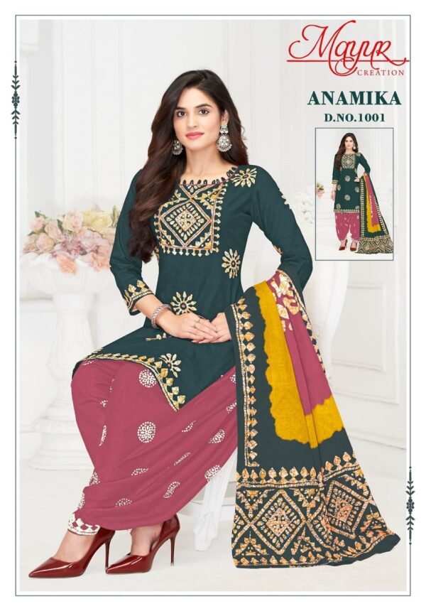 Mayur Anamika Vol-1 series 1001-1010 Pure Cotton wholesale suit  Mayur Anamika Vol-1 series 1001-1010 Pure Cotton wholesale suit , Mayur Anamika Vol-1 series 1001-1010 Pure Cotton wholesale suit  surat, Mayur Anamika Vol-1 series 1001-1010 Pure Cotton wholesale suit  new latest catalog, Mayur Anamika Vol-1 series 1001-1010 Pure Cotton wholesale suit  wholesale surat, Mayur Anamika Vol-1 series 1001-1010 Pure Cotton wholesale suit  single, Mayur Anamika Vol-1 series 1001-1010 Pure Cotton wholesale suit  catalog price, Mayur Anamika Vol-1 series 1001-1010 Pure Cotton wholesale suit  salwar suit, Mayur Anamika Vol-1 series 1001-1010 Pure Cotton wholesale suit  dresses, Mayur Anamika Vol-1 series 1001-1010 Pure Cotton wholesale suit  indian salwar suit, Mayur Anamika Vol-1 series 1001-1010 Pure Cotton wholesale suit  dress material mayur anamika vol 1 series 1001 1010 pure cotton wholesale suit 6 2025 04 30 16 09 33 
                     Mayur Anamika Vol-1 series 1001-1010 Pure Cotton wholesale suit 
                     
                     
                     
                     Specification :
                     
                        
                           
						   
								Product Date:
								30-04-2025
							
                             							
								Name:
								Mayur Anamika Vol-1 Series 1001-1010 Pure Cotton Wholesale Suit 
							
																					
								Cname:
								Anamika Vol-1 
							
														
								Brand:
								Mayur Creation
							
							
														
								Total Design:
								10 Pcs
							
														
														
								Per Piece Rate:
								INR 390
							
														
														
								Full Catalog Rate:
								INR 3900								+ (5 % GST) + Shipping Charge
								
							
														
														
								Weight:
								10 Kg
							
																					
								Moq:
								Minimum 10 Pcs
							
														
														
														
								Type:
								Cotton Ladies Suits, Printed Salwar Kameez, Patiyala Salwar Kameez
							
														
							
							
														
								Fabric:
								
									Pure Cotton								
							
																																																								
														
														
														
								Other Details:
								
	
		
			Catalog
			Mayur Anamika Vol-1 – Dress Material
		
		
			Pcs
			10
		
		
			AVG. Price
			390
		
		
			Full Price
			3900
		
		
			Full Price With Gst
			4095
		
		
			Size
			Unstitched,
		
		
			Fabric
			Pure Cotton
		
		
			Initial Delivery
			4 – 5 Working Days
		
		
			Availability
			Ready to Ship
		
		
			Other Details
			
			Top – Pure Cotton Printed – 2.00 Mtrs
			Bottom – Pure Cotton Printed – 2.50 Mtrs
			Dupatta – Pure Cotton Printed – 2.25 Mtrs