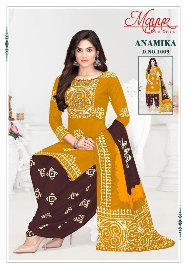 Mayur Anamika Vol-1 series 1001-1010 Pure Cotton wholesale suit  Mayur Anamika Vol-1 series 1001-1010 Pure Cotton wholesale suit , Mayur Anamika Vol-1 series 1001-1010 Pure Cotton wholesale suit  surat, Mayur Anamika Vol-1 series 1001-1010 Pure Cotton wholesale suit  new latest catalog, Mayur Anamika Vol-1 series 1001-1010 Pure Cotton wholesale suit  wholesale surat, Mayur Anamika Vol-1 series 1001-1010 Pure Cotton wholesale suit  single, Mayur Anamika Vol-1 series 1001-1010 Pure Cotton wholesale suit  catalog price, Mayur Anamika Vol-1 series 1001-1010 Pure Cotton wholesale suit  salwar suit, Mayur Anamika Vol-1 series 1001-1010 Pure Cotton wholesale suit  dresses, Mayur Anamika Vol-1 series 1001-1010 Pure Cotton wholesale suit  indian salwar suit, Mayur Anamika Vol-1 series 1001-1010 Pure Cotton wholesale suit  dress material mayur anamika vol 1 series 1001 1010 pure cotton wholesale suit 7 2025 04 30 16 09 33 
                     Mayur Anamika Vol-1 series 1001-1010 Pure Cotton wholesale suit 
                     
                     
                     
                     Specification :
                     
                        
                           
						   
								Product Date:
								30-04-2025
							
                             							
								Name:
								Mayur Anamika Vol-1 Series 1001-1010 Pure Cotton Wholesale Suit 
							
																					
								Cname:
								Anamika Vol-1 
							
														
								Brand:
								Mayur Creation
							
							
														
								Total Design:
								10 Pcs
							
														
														
								Per Piece Rate:
								INR 390
							
														
														
								Full Catalog Rate:
								INR 3900								+ (5 % GST) + Shipping Charge
								
							
														
														
								Weight:
								10 Kg
							
																					
								Moq:
								Minimum 10 Pcs
							
														
														
														
								Type:
								Cotton Ladies Suits, Printed Salwar Kameez, Patiyala Salwar Kameez
							
														
							
							
														
								Fabric:
								
									Pure Cotton								
							
																																																								
														
														
														
								Other Details:
								
	
		
			Catalog
			Mayur Anamika Vol-1 – Dress Material
		
		
			Pcs
			10
		
		
			AVG. Price
			390
		
		
			Full Price
			3900
		
		
			Full Price With Gst
			4095
		
		
			Size
			Unstitched,
		
		
			Fabric
			Pure Cotton
		
		
			Initial Delivery
			4 – 5 Working Days
		
		
			Availability
			Ready to Ship
		
		
			Other Details
			
			Top – Pure Cotton Printed – 2.00 Mtrs
			Bottom – Pure Cotton Printed – 2.50 Mtrs
			Dupatta – Pure Cotton Printed – 2.25 Mtrs