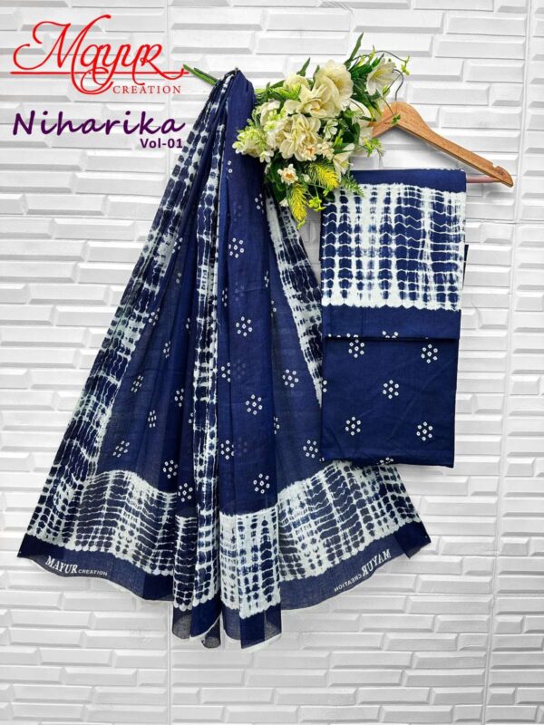 mayur creation - niharika vol-1   mayur creation niharika vol 1 1001 1010 series cotton summer wear salwar kameez supplier surat 1 2025 05 27 15 29 45.jpg mayur creation niharika vol-1 1001-1010 series cotton summer wear salwar kameez supplier surat Catalogue Name : 27th May 2025 Name of Product : mayur creation - niharika vol-1  No of Design : 10 Piece (MOQ : 1 Set) Product Rate Per Piece : ₹ 395 / Per Piece Product Full Catalogue Rate : ₹ 3950 (GST Extra) Full Catalogue Weight : 8 KG Product Type & Size: unstitched Product Details: 
					 NIHARIKA VOL 1 

FABRIC DETAILS 

TOP BOTTOM        160 GMS
DUPTTA                  MULMUL

CUT DETAILS

TOP         2.5 MTR
BOTTOM 2.0 MTR
DUPTTA  2.25 MTR

RATE   -  395/- + GST 

POUCH PACKING ONLY 

DESPATCH ON WEDNESDAY