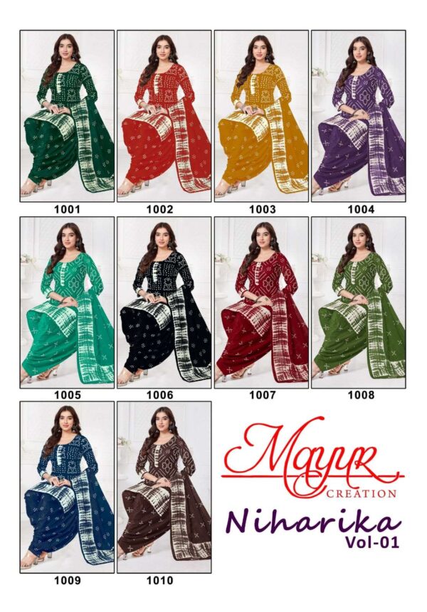 mayur creation - niharika vol-1   mayur creation niharika vol 1 1001 1010 series cotton summer wear salwar kameez supplier surat 11 2025 05 27 15 29 45.jpg mayur creation niharika vol-1 1001-1010 series cotton summer wear salwar kameez supplier surat Catalogue Name : 27th May 2025 Name of Product : mayur creation - niharika vol-1  No of Design : 10 Piece (MOQ : 1 Set) Product Rate Per Piece : ₹ 395 / Per Piece Product Full Catalogue Rate : ₹ 3950 (GST Extra) Full Catalogue Weight : 8 KG Product Type & Size: unstitched Product Details: 
					 NIHARIKA VOL 1 

FABRIC DETAILS 

TOP BOTTOM        160 GMS
DUPTTA                  MULMUL

CUT DETAILS

TOP         2.5 MTR
BOTTOM 2.0 MTR
DUPTTA  2.25 MTR

RATE   -  395/- + GST 

POUCH PACKING ONLY 

DESPATCH ON WEDNESDAY