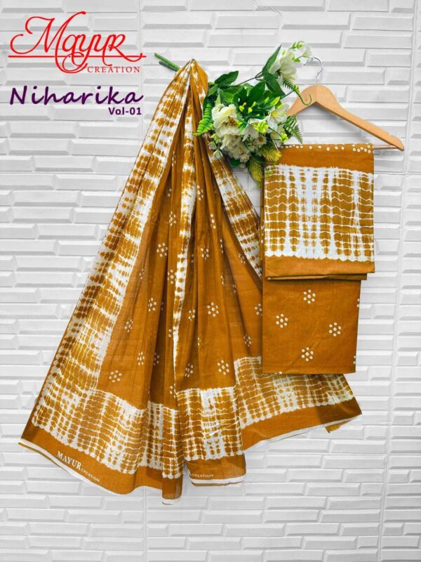 mayur creation - niharika vol-1   mayur creation niharika vol 1 1001 1010 series cotton summer wear salwar kameez supplier surat 3 2025 05 27 15 29 45.jpg mayur creation niharika vol-1 1001-1010 series cotton summer wear salwar kameez supplier surat Catalogue Name : 27th May 2025 Name of Product : mayur creation - niharika vol-1  No of Design : 10 Piece (MOQ : 1 Set) Product Rate Per Piece : ₹ 395 / Per Piece Product Full Catalogue Rate : ₹ 3950 (GST Extra) Full Catalogue Weight : 8 KG Product Type & Size: unstitched Product Details: 
					 NIHARIKA VOL 1 

FABRIC DETAILS 

TOP BOTTOM        160 GMS
DUPTTA                  MULMUL

CUT DETAILS

TOP         2.5 MTR
BOTTOM 2.0 MTR
DUPTTA  2.25 MTR

RATE   -  395/- + GST 

POUCH PACKING ONLY 

DESPATCH ON WEDNESDAY