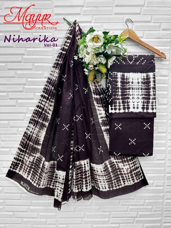 mayur creation - niharika vol-1   mayur creation niharika vol 1 1001 1010 series cotton summer wear salwar kameez supplier surat 6 2025 05 27 15 29 45.jpg mayur creation niharika vol-1 1001-1010 series cotton summer wear salwar kameez supplier surat Catalogue Name : 27th May 2025 Name of Product : mayur creation - niharika vol-1  No of Design : 10 Piece (MOQ : 1 Set) Product Rate Per Piece : ₹ 395 / Per Piece Product Full Catalogue Rate : ₹ 3950 (GST Extra) Full Catalogue Weight : 8 KG Product Type & Size: unstitched Product Details: 
					 NIHARIKA VOL 1 

FABRIC DETAILS 

TOP BOTTOM        160 GMS
DUPTTA                  MULMUL

CUT DETAILS

TOP         2.5 MTR
BOTTOM 2.0 MTR
DUPTTA  2.25 MTR

RATE   -  395/- + GST 

POUCH PACKING ONLY 

DESPATCH ON WEDNESDAY