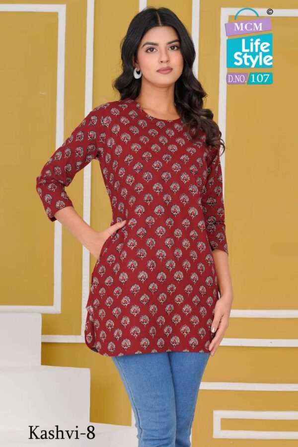 mcm lifestyle - kashvi vol-8   mcm lifestyle kashvi vol 8 101 111 series pure cotton summer wear short top buy wholesale surat 1 2025 05 23 13 24 26.jpg mcm lifestyle kashvi vol-8 101-111 series pure cotton summer wear short top buy wholesale surat Catalogue Name : 23rd May 2025 Name of Product : mcm lifestyle - kashvi vol-8  No of Design : 10 Piece (MOQ : 1 Set) Product Rate Per Piece : ₹ 210 / Per Piece Product Full Catalogue Rate : ₹ 2100 (GST Extra) Full Catalogue Weight : 6 KG Product Type & Size: M | L | XL | XXL | XXXL Product Details: 
					 Introducing our latest designer collection of Fancy Short Tops from MCM Life Style 

KASHVI VOL-8

Quick details for the new Product.

FABRIC Pure Cotton
Designs 10 Designs
Sizes M, L, XL, XXL, 3XL
Delivery : READY 

Price - 210/- + GST 

 STOCK READY 

Thanks & Regards  
MCM Life Style