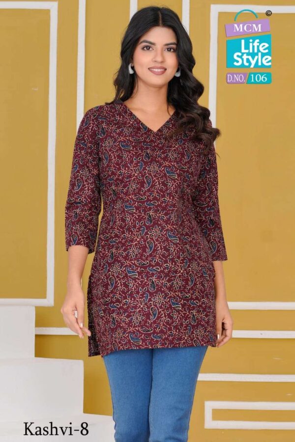 mcm lifestyle - kashvi vol-8   mcm lifestyle kashvi vol 8 101 111 series pure cotton summer wear short top buy wholesale surat 5 2025 05 23 13 24 26.jpg mcm lifestyle kashvi vol-8 101-111 series pure cotton summer wear short top buy wholesale surat Catalogue Name : 23rd May 2025 Name of Product : mcm lifestyle - kashvi vol-8  No of Design : 10 Piece (MOQ : 1 Set) Product Rate Per Piece : ₹ 210 / Per Piece Product Full Catalogue Rate : ₹ 2100 (GST Extra) Full Catalogue Weight : 6 KG Product Type & Size: M | L | XL | XXL | XXXL Product Details: 
					 Introducing our latest designer collection of Fancy Short Tops from MCM Life Style 

KASHVI VOL-8

Quick details for the new Product.

FABRIC Pure Cotton
Designs 10 Designs
Sizes M, L, XL, XXL, 3XL
Delivery : READY 

Price - 210/- + GST 

 STOCK READY 

Thanks & Regards  
MCM Life Style