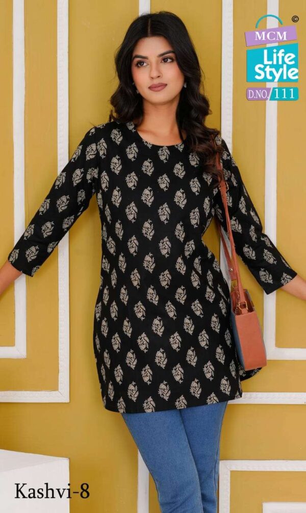 mcm lifestyle - kashvi vol-8   mcm lifestyle kashvi vol 8 101 111 series pure cotton summer wear short top buy wholesale surat 6 2025 05 23 13 24 26.jpg mcm lifestyle kashvi vol-8 101-111 series pure cotton summer wear short top buy wholesale surat Catalogue Name : 23rd May 2025 Name of Product : mcm lifestyle - kashvi vol-8  No of Design : 10 Piece (MOQ : 1 Set) Product Rate Per Piece : ₹ 210 / Per Piece Product Full Catalogue Rate : ₹ 2100 (GST Extra) Full Catalogue Weight : 6 KG Product Type & Size: M | L | XL | XXL | XXXL Product Details: 
					 Introducing our latest designer collection of Fancy Short Tops from MCM Life Style 

KASHVI VOL-8

Quick details for the new Product.

FABRIC Pure Cotton
Designs 10 Designs
Sizes M, L, XL, XXL, 3XL
Delivery : READY 

Price - 210/- + GST 

 STOCK READY 

Thanks & Regards  
MCM Life Style