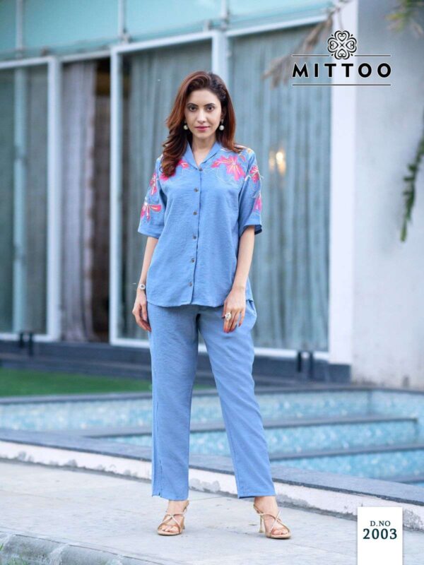 mittoo - daizy   mittoo daizy 2001 2006 series fancy handwork casual wear readymade cord set buy wholesale surat 0 2025 05 21 13 08 45.jpg mittoo daizy 2001-2006 series fancy handwork casual wear readymade cord set buy wholesale surat Catalogue Name : 21st May 2025 Name of Product : mittoo - daizy  No of Design : 6 Piece (MOQ : 1 Set) Product Rate Per Piece : ₹ 795 / Per Piece Product Full Catalogue Rate : ₹ 4770 (GST Extra) Full Catalogue Weight : 6 KG Product Type & Size: S | M | L | XL | XXL | XXXL Product Details: 
					 Label : MITTOO
Catalog : DAIZY
Design : 6
Top  : Viscose Crap
Work : Thred & Hand work
Bottom : Viscose Crap
Size :  S(36), M(38), L(40), XL(42), XXL(44), 3XL(46)

Rate : Rs 795/ Pic + GST

Dispatch with in 3-4 days