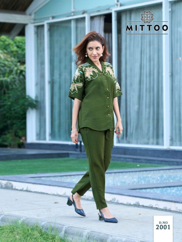 mittoo - daizy   mittoo daizy 2001 2006 series fancy handwork casual wear readymade cord set buy wholesale surat 5 2025 05 21 13 08 45.jpg mittoo daizy 2001-2006 series fancy handwork casual wear readymade cord set buy wholesale surat Catalogue Name : 21st May 2025 Name of Product : mittoo - daizy  No of Design : 6 Piece (MOQ : 1 Set) Product Rate Per Piece : ₹ 795 / Per Piece Product Full Catalogue Rate : ₹ 4770 (GST Extra) Full Catalogue Weight : 6 KG Product Type & Size: S | M | L | XL | XXL | XXXL Product Details: 
					 Label : MITTOO
Catalog : DAIZY
Design : 6
Top  : Viscose Crap
Work : Thred & Hand work
Bottom : Viscose Crap
Size :  S(36), M(38), L(40), XL(42), XXL(44), 3XL(46)

Rate : Rs 795/ Pic + GST

Dispatch with in 3-4 days