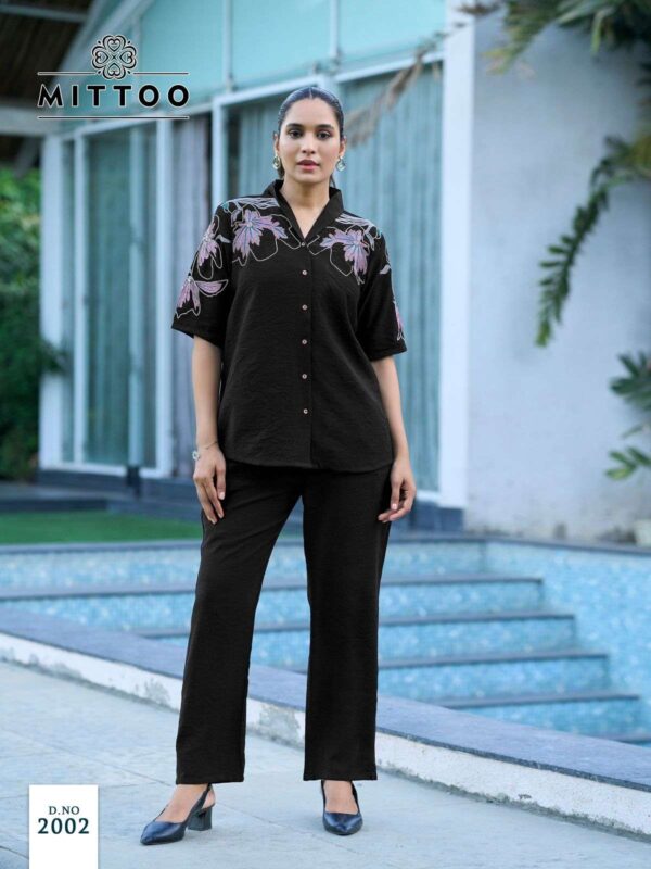mittoo - daizy   mittoo daizy 2001 2006 series fancy handwork casual wear readymade cord set buy wholesale surat 6 2025 05 21 13 08 45.jpg mittoo daizy 2001-2006 series fancy handwork casual wear readymade cord set buy wholesale surat Catalogue Name : 21st May 2025 Name of Product : mittoo - daizy  No of Design : 6 Piece (MOQ : 1 Set) Product Rate Per Piece : ₹ 795 / Per Piece Product Full Catalogue Rate : ₹ 4770 (GST Extra) Full Catalogue Weight : 6 KG Product Type & Size: S | M | L | XL | XXL | XXXL Product Details: 
					 Label : MITTOO
Catalog : DAIZY
Design : 6
Top  : Viscose Crap
Work : Thred & Hand work
Bottom : Viscose Crap
Size :  S(36), M(38), L(40), XL(42), XXL(44), 3XL(46)

Rate : Rs 795/ Pic + GST

Dispatch with in 3-4 days