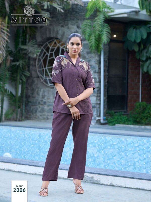 mittoo - daizy   mittoo daizy 2001 2006 series fancy handwork casual wear readymade cord set buy wholesale surat 7 2025 05 21 13 08 45.jpg mittoo daizy 2001-2006 series fancy handwork casual wear readymade cord set buy wholesale surat Catalogue Name : 21st May 2025 Name of Product : mittoo - daizy  No of Design : 6 Piece (MOQ : 1 Set) Product Rate Per Piece : ₹ 795 / Per Piece Product Full Catalogue Rate : ₹ 4770 (GST Extra) Full Catalogue Weight : 6 KG Product Type & Size: S | M | L | XL | XXL | XXXL Product Details: 
					 Label : MITTOO
Catalog : DAIZY
Design : 6
Top  : Viscose Crap
Work : Thred & Hand work
Bottom : Viscose Crap
Size :  S(36), M(38), L(40), XL(42), XXL(44), 3XL(46)

Rate : Rs 795/ Pic + GST

Dispatch with in 3-4 days