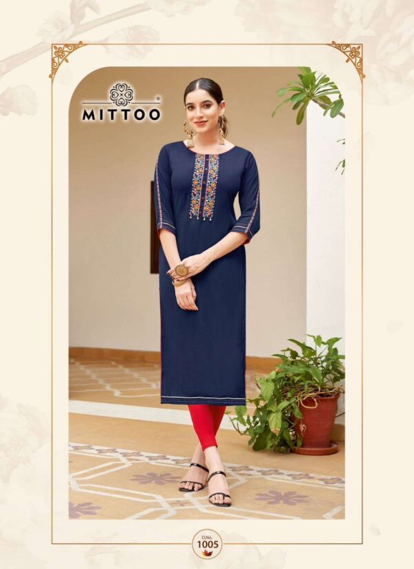 mittoo - riona   mittoo riona 1001 1006 series thread worked casual wear readymade kurti buy wholesale surat 1 2025 05 22 12 39 47.jpg mittoo riona 1001-1006 series thread worked casual wear readymade kurti buy wholesale surat Catalogue Name : 22nd May 2025 Name of Product : mittoo - riona  No of Design : 6 Piece (MOQ : 1 Set) Product Rate Per Piece : ₹ 460 / Per Piece Product Full Catalogue Rate : ₹ 2760 (GST Extra) Full Catalogue Weight : 6 KG Product Type & Size: XXXL Product Details: 
					 Brand Name : MITTOO

Catalog : Riona

Design : 6

Fabric : Heavy Rayon
Work : Thread & Hand Work

Size : 3XL(46)

Rate : 460 / Per pcs +  GST 

Set to set
