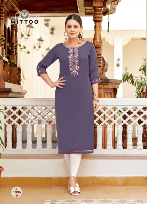 mittoo - riona   mittoo riona 1001 1006 series thread worked casual wear readymade kurti buy wholesale surat 2 2025 05 22 12 39 47.jpg mittoo riona 1001-1006 series thread worked casual wear readymade kurti buy wholesale surat Catalogue Name : 22nd May 2025 Name of Product : mittoo - riona  No of Design : 6 Piece (MOQ : 1 Set) Product Rate Per Piece : ₹ 460 / Per Piece Product Full Catalogue Rate : ₹ 2760 (GST Extra) Full Catalogue Weight : 6 KG Product Type & Size: XXXL Product Details: 
					 Brand Name : MITTOO

Catalog : Riona

Design : 6

Fabric : Heavy Rayon
Work : Thread & Hand Work

Size : 3XL(46)

Rate : 460 / Per pcs +  GST 

Set to set