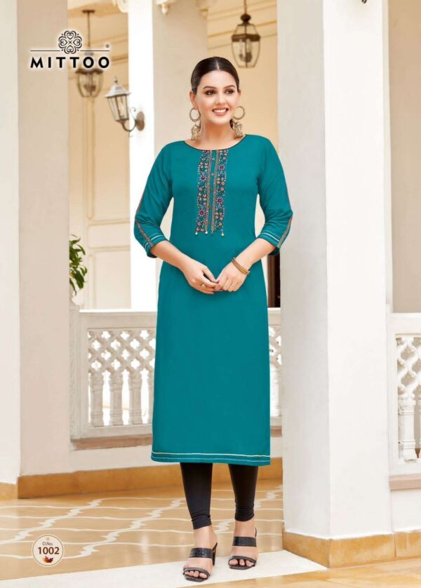 mittoo - riona   mittoo riona 1001 1006 series thread worked casual wear readymade kurti buy wholesale surat 4 2025 05 22 12 39 48.jpg mittoo riona 1001-1006 series thread worked casual wear readymade kurti buy wholesale surat Catalogue Name : 22nd May 2025 Name of Product : mittoo - riona  No of Design : 6 Piece (MOQ : 1 Set) Product Rate Per Piece : ₹ 460 / Per Piece Product Full Catalogue Rate : ₹ 2760 (GST Extra) Full Catalogue Weight : 6 KG Product Type & Size: XXXL Product Details: 
					 Brand Name : MITTOO

Catalog : Riona

Design : 6

Fabric : Heavy Rayon
Work : Thread & Hand Work

Size : 3XL(46)

Rate : 460 / Per pcs +  GST 

Set to set