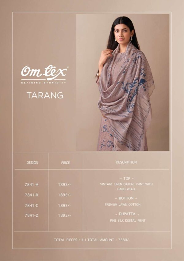 om tex - tarang   omtex tarang linen digital print with handwork latest designer casual wear salwar kameez wholesale surat 7 2025 05 23 15 25 01.jpg omtex tarang linen digital print with handwork latest designer casual wear salwar kameez wholesale surat Catalogue Name : 23rd May 2025 Name of Product : om tex - tarang  No of Design : 4 Piece (MOQ : 1 Set) Product Rate Per Piece : ₹ 1895 / Per Piece Product Full Catalogue Rate : ₹ 7580 (GST Extra) Full Catalogue Weight : 4 KG Product Type & Size: unstitched Product Details: 
					 OMTEX
Presents

TARANG

TOP 
VINTAGE LINEN DIGITAL PRINT WITH HAND WORK
 BOTTOM 
PREMIUM LAWN COTTON
 DUPATTA 
PINE SILK DIGITAL PRINT

RATE:
1895/-