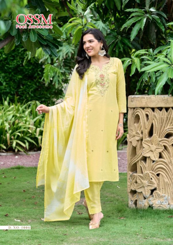 ossm - mantra vol-2   ossm mantra vol 2 2001 2006 series pure cotton embroidered readymade kurti supplier surat 5 2025 05 28 12 38 50.jpg ossm mantra vol-2 2001-2006 series pure cotton embroidered readymade kurti supplier surat Catalogue Name : 28th May 2025 Name of Product : ossm - mantra vol-2  No of Design : 6 Piece (MOQ : 1 Set) Product Rate Per Piece : ₹ 905 / Per Piece Product Full Catalogue Rate : ₹ 5430 (GST Extra) Full Catalogue Weight : 6 KG Product Type & Size: XS | M | L | XL | XXL | XXXL Product Details: 
					 OSSM
Launching New Catalouge

Catalouge :  MANTRA Vol 02

PURE COTTON 3PC SET

Fabric in Top : Pure Cotton 60*60 with Cotton astar
Spec. : Heavy Cotton Embroidery and with pocket
Fabric in Bottom : Pure Cotton
Fabric in Dupatta : Cotton Mal

Sleeves type : 3/4th
No.of Designs : 6
Size : M38, L40, XL42, XXL44, 3XL46, 4XL
Length : 44

Rate : 905+ GST 5%


FEELING AWESOME
THANK YOU