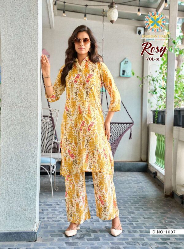 passion tree  - rosy vol-1   passion tree rosy vol 1 1001 1008 series latest stylish readymade kurti with plazo buy wholesale surat 3 2025 05 23 13 36 30.jpg passion tree rosy vol-1 1001-1008 series latest stylish readymade kurti with plazo buy wholesale surat Catalogue Name : 23rd May 2025 Name of Product : passion tree  - rosy vol-1   No of Design : 8 Piece (MOQ : 1 Set) Product Rate Per Piece : ₹ 440 / Per Piece Product Full Catalogue Rate : ₹ 3520 (GST Extra) Full Catalogue Weight : 8 KG Product Type & Size: XS | XL XXL | S | M | L | XL | XXL | XXXL Product Details: 
					 PASSION TREE


Catalogue name: 
 ROSY VOL-1
(2Pcs CONCEPT)

Details:

Pattern :- STRAIGHT TOP WITH Palazzo PANT 

Fabrics - 
 Heavy Printed Reyon With Discharge Print
 Classy Prints

Size - S M L XL 2XL 3XL 4XL 5XL

 Length 38 TO 40

Designs - 8 pcs

Price :- 440/- + gst

hurryyy uppp
Book your order now