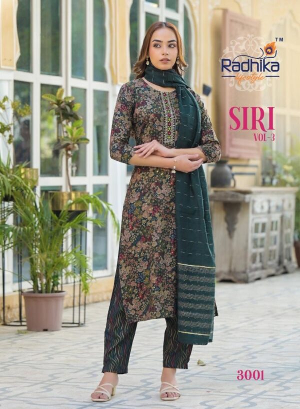 radhika lifestyle siri vol 3 series 3001-3008 rayon capsule wholesale suit  radhika lifestyle siri vol 3 series 3001-3008 rayon capsule wholesale suit , radhika lifestyle siri vol 3 series 3001-3008 rayon capsule wholesale suit  surat, radhika lifestyle siri vol 3 series 3001-3008 rayon capsule wholesale suit  new latest catalog, radhika lifestyle siri vol 3 series 3001-3008 rayon capsule wholesale suit  wholesale surat, radhika lifestyle siri vol 3 series 3001-3008 rayon capsule wholesale suit  single, radhika lifestyle siri vol 3 series 3001-3008 rayon capsule wholesale suit  catalog price, radhika lifestyle siri vol 3 series 3001-3008 rayon capsule wholesale suit  salwar suit, radhika lifestyle siri vol 3 series 3001-3008 rayon capsule wholesale suit  dresses, radhika lifestyle siri vol 3 series 3001-3008 rayon capsule wholesale suit  indian salwar suit, radhika lifestyle siri vol 3 series 3001-3008 rayon capsule wholesale suit  dress material radhika lifestyle siri vol 3 series 3001 3008 rayon capsule wholesale suit 4 2025 05 02 16 40 46 
                     radhika lifestyle siri vol 3 series 3001-3008 rayon capsule wholesale suit 
                     
                     
                     
                     Specification :
                     
                        
                           
						   
								Product Date:
								02-05-2025
							
                             							
								Name:
								Radhika Lifestyle Siri Vol 3 Series 3001-3008 Rayon Capsule Wholesale Suit 
							
																					
								Cname:
								 Siri Vol 3 
							
														
								Brand:
								Radhika Fashion
							
							
														
								Total Design:
								8 Pcs
							
														
														
								Per Piece Rate:
								INR 499
							
														
														
								Full Catalog Rate:
								INR 3992								+ (5 % GST) + Shipping Charge
								
							
														
														
								Weight:
								8 Kg
							
																					
								Moq:
								Minimum 8 Pcs
							
														
														
														
								Type:
								Designer Salwar Kameez, Readymade Suits
							
														
							
							
														
								Fabric:
								
									Fancy Rayon								
							
																																																								
														
														
														
								Other Details:
								
	
		
			
			RADHIKA lifestyle  

			Catloug name : SIRI VOL 3            
			Kurti pant dupptta

			✨Details
			👗Fabrics - REYON CAPSULE FOIL PRINT
			DUPPTTA CHANDERI JACQUARD

			🎗Size -  S(18)M(19) L(20) XL(21) XXL(22) 3xl(23)
			  
			🌈 Length --> 45 to 46📐

			☣Designs- 8

			RATE :- 499➕GST*
			 