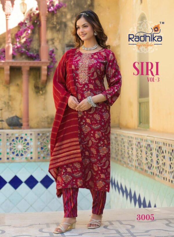 radhika lifestyle siri vol 3 series 3001-3008 rayon capsule wholesale suit  radhika lifestyle siri vol 3 series 3001-3008 rayon capsule wholesale suit , radhika lifestyle siri vol 3 series 3001-3008 rayon capsule wholesale suit  surat, radhika lifestyle siri vol 3 series 3001-3008 rayon capsule wholesale suit  new latest catalog, radhika lifestyle siri vol 3 series 3001-3008 rayon capsule wholesale suit  wholesale surat, radhika lifestyle siri vol 3 series 3001-3008 rayon capsule wholesale suit  single, radhika lifestyle siri vol 3 series 3001-3008 rayon capsule wholesale suit  catalog price, radhika lifestyle siri vol 3 series 3001-3008 rayon capsule wholesale suit  salwar suit, radhika lifestyle siri vol 3 series 3001-3008 rayon capsule wholesale suit  dresses, radhika lifestyle siri vol 3 series 3001-3008 rayon capsule wholesale suit  indian salwar suit, radhika lifestyle siri vol 3 series 3001-3008 rayon capsule wholesale suit  dress material radhika lifestyle siri vol 3 series 3001 3008 rayon capsule wholesale suit 6 2025 05 02 16 40 46 
                     radhika lifestyle siri vol 3 series 3001-3008 rayon capsule wholesale suit 
                     
                     
                     
                     Specification :
                     
                        
                           
						   
								Product Date:
								02-05-2025
							
                             							
								Name:
								Radhika Lifestyle Siri Vol 3 Series 3001-3008 Rayon Capsule Wholesale Suit 
							
																					
								Cname:
								 Siri Vol 3 
							
														
								Brand:
								Radhika Fashion
							
							
														
								Total Design:
								8 Pcs
							
														
														
								Per Piece Rate:
								INR 499
							
														
														
								Full Catalog Rate:
								INR 3992								+ (5 % GST) + Shipping Charge
								
							
														
														
								Weight:
								8 Kg
							
																					
								Moq:
								Minimum 8 Pcs
							
														
														
														
								Type:
								Designer Salwar Kameez, Readymade Suits
							
														
							
							
														
								Fabric:
								
									Fancy Rayon								
							
																																																								
														
														
														
								Other Details:
								
	
		
			
			RADHIKA lifestyle  

			Catloug name : SIRI VOL 3            
			Kurti pant dupptta

			✨Details
			👗Fabrics - REYON CAPSULE FOIL PRINT
			DUPPTTA CHANDERI JACQUARD

			🎗Size -  S(18)M(19) L(20) XL(21) XXL(22) 3xl(23)
			  
			🌈 Length --> 45 to 46📐

			☣Designs- 8

			RATE :- 499➕GST*
			 