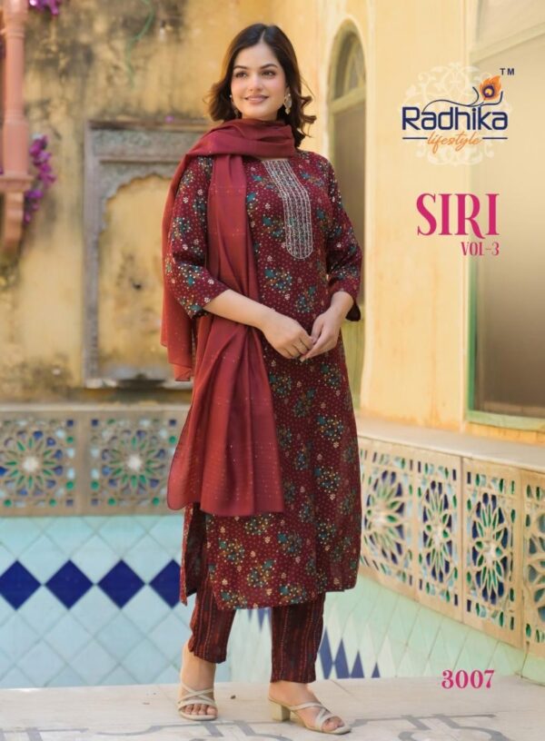 radhika lifestyle siri vol 3 series 3001-3008 rayon capsule wholesale suit  radhika lifestyle siri vol 3 series 3001-3008 rayon capsule wholesale suit , radhika lifestyle siri vol 3 series 3001-3008 rayon capsule wholesale suit  surat, radhika lifestyle siri vol 3 series 3001-3008 rayon capsule wholesale suit  new latest catalog, radhika lifestyle siri vol 3 series 3001-3008 rayon capsule wholesale suit  wholesale surat, radhika lifestyle siri vol 3 series 3001-3008 rayon capsule wholesale suit  single, radhika lifestyle siri vol 3 series 3001-3008 rayon capsule wholesale suit  catalog price, radhika lifestyle siri vol 3 series 3001-3008 rayon capsule wholesale suit  salwar suit, radhika lifestyle siri vol 3 series 3001-3008 rayon capsule wholesale suit  dresses, radhika lifestyle siri vol 3 series 3001-3008 rayon capsule wholesale suit  indian salwar suit, radhika lifestyle siri vol 3 series 3001-3008 rayon capsule wholesale suit  dress material radhika lifestyle siri vol 3 series 3001 3008 rayon capsule wholesale suit 9 2025 05 02 16 40 47 
                     radhika lifestyle siri vol 3 series 3001-3008 rayon capsule wholesale suit 
                     
                     
                     
                     Specification :
                     
                        
                           
						   
								Product Date:
								02-05-2025
							
                             							
								Name:
								Radhika Lifestyle Siri Vol 3 Series 3001-3008 Rayon Capsule Wholesale Suit 
							
																					
								Cname:
								 Siri Vol 3 
							
														
								Brand:
								Radhika Fashion
							
							
														
								Total Design:
								8 Pcs
							
														
														
								Per Piece Rate:
								INR 499
							
														
														
								Full Catalog Rate:
								INR 3992								+ (5 % GST) + Shipping Charge
								
							
														
														
								Weight:
								8 Kg
							
																					
								Moq:
								Minimum 8 Pcs
							
														
														
														
								Type:
								Designer Salwar Kameez, Readymade Suits
							
														
							
							
														
								Fabric:
								
									Fancy Rayon								
							
																																																								
														
														
														
								Other Details:
								
	
		
			
			RADHIKA lifestyle  

			Catloug name : SIRI VOL 3            
			Kurti pant dupptta

			✨Details
			👗Fabrics - REYON CAPSULE FOIL PRINT
			DUPPTTA CHANDERI JACQUARD

			🎗Size -  S(18)M(19) L(20) XL(21) XXL(22) 3xl(23)
			  
			🌈 Length --> 45 to 46📐

			☣Designs- 8

			RATE :- 499➕GST*
			 