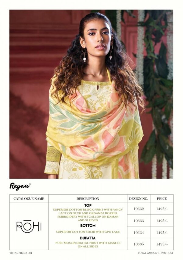 reyna rohi series 10332-10335 cotton block print wholesale suit  reyna rohi series 10332-10335 cotton block print wholesale suit , reyna rohi series 10332-10335 cotton block print wholesale suit  surat, reyna rohi series 10332-10335 cotton block print wholesale suit  new latest catalog, reyna rohi series 10332-10335 cotton block print wholesale suit  wholesale surat, reyna rohi series 10332-10335 cotton block print wholesale suit  single, reyna rohi series 10332-10335 cotton block print wholesale suit  catalog price, reyna rohi series 10332-10335 cotton block print wholesale suit  salwar suit, reyna rohi series 10332-10335 cotton block print wholesale suit  dresses, reyna rohi series 10332-10335 cotton block print wholesale suit  indian salwar suit, reyna rohi series 10332-10335 cotton block print wholesale suit  dress material reyna rohi series 10332 10335 cotton block print wholesale suit 4 2025 05 02 23 17 12 
                     reyna rohi series 10332-10335 cotton block print wholesale suit 
                     
                     
                     
                     Specification :
                     
                        
                           
						   
								Product Date:
								02-05-2025
							
                             							
								Name:
								Reyna Rohi Series 10332-10335 Cotton Block Print Wholesale Suit 
							
																					
								Cname:
								Rohi
							
														
								Brand:
								
							
							
														
								Total Design:
								4 Pcs
							
														
														
								Per Piece Rate:
								INR 1495
							
														
														
								Full Catalog Rate:
								INR 5980								+ (5 % GST) + Shipping Charge
								
							
														
														
								Weight:
								4 Kg
							
																					
								Moq:
								Minimum 4 Pcs
							
														
														
														
								Type:
								Printed Salwar Kameez
							
														
							
							
														
								Fabric:
								
									Cotton								
							
																																																								
														
														
														
								Other Details:
								REYNA
Presents
-
ROHI

TOP
SUPERIOR COTTON BLOCK PRINT WITH FANCY
LACE ON NECK AND ORGANZA BORRER
EMBROIDERY WITH SCALLOP ON DAMAN
AND SLEEVES

ВОТТOM
SUPERIOR COTTON SOLID WITH GPO LACE 

DUPATTA
PURE MUSLIN DIGITAL PRINT WITH TASSELS ON
ALL SIDES

RATE:
1495/-