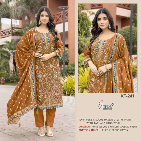 shree fabs - 241   shree fabs 241 viscose muslin fancy handwork designer salwar suits buy wholesaler surat 2 2025 05 27 16 41 03.jpg shree fabs 241 viscose muslin fancy handwork designer salwar suits buy wholesaler surat Catalogue Name : 27th May 2025 Name of Product : shree fabs - 241  No of Design : 4 Piece (MOQ : 1 Set) Product Rate Per Piece : ₹ 1200 / Per Piece Product Full Catalogue Rate : ₹ 4800 (GST Extra) Full Catalogue Weight : 4 KG Product Type & Size: unstitched Product Details: 
					 KT - 241

Top  Pure viscous Maslin digital print with aari and hand work 

Dupatta  pure viscose Maslin digital print 

Bottam  pure viscose rayon 

Rate :-1200/-

         Special pouch packing
         
            Shree fabs surat