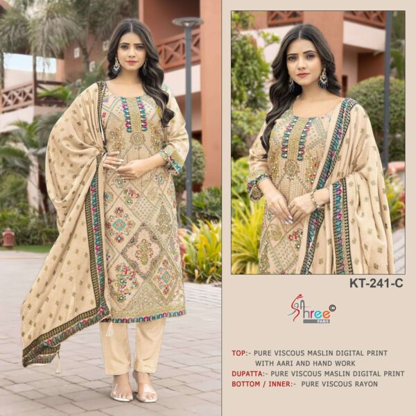 shree fabs - 241   shree fabs 241 viscose muslin fancy handwork designer salwar suits buy wholesaler surat 5 2025 05 27 16 41 06.jpg shree fabs 241 viscose muslin fancy handwork designer salwar suits buy wholesaler surat Catalogue Name : 27th May 2025 Name of Product : shree fabs - 241  No of Design : 4 Piece (MOQ : 1 Set) Product Rate Per Piece : ₹ 1200 / Per Piece Product Full Catalogue Rate : ₹ 4800 (GST Extra) Full Catalogue Weight : 4 KG Product Type & Size: unstitched Product Details: 
					 KT - 241

Top  Pure viscous Maslin digital print with aari and hand work 

Dupatta  pure viscose Maslin digital print 

Bottam  pure viscose rayon 

Rate :-1200/-

         Special pouch packing
         
            Shree fabs surat