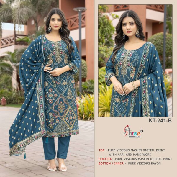 shree fabs - 241   shree fabs 241 viscose muslin fancy handwork designer salwar suits buy wholesaler surat 6 2025 05 27 16 41 06.jpg shree fabs 241 viscose muslin fancy handwork designer salwar suits buy wholesaler surat Catalogue Name : 27th May 2025 Name of Product : shree fabs - 241  No of Design : 4 Piece (MOQ : 1 Set) Product Rate Per Piece : ₹ 1200 / Per Piece Product Full Catalogue Rate : ₹ 4800 (GST Extra) Full Catalogue Weight : 4 KG Product Type & Size: unstitched Product Details: 
					 KT - 241

Top  Pure viscous Maslin digital print with aari and hand work 

Dupatta  pure viscose Maslin digital print 

Bottam  pure viscose rayon 

Rate :-1200/-

         Special pouch packing
         
            Shree fabs surat